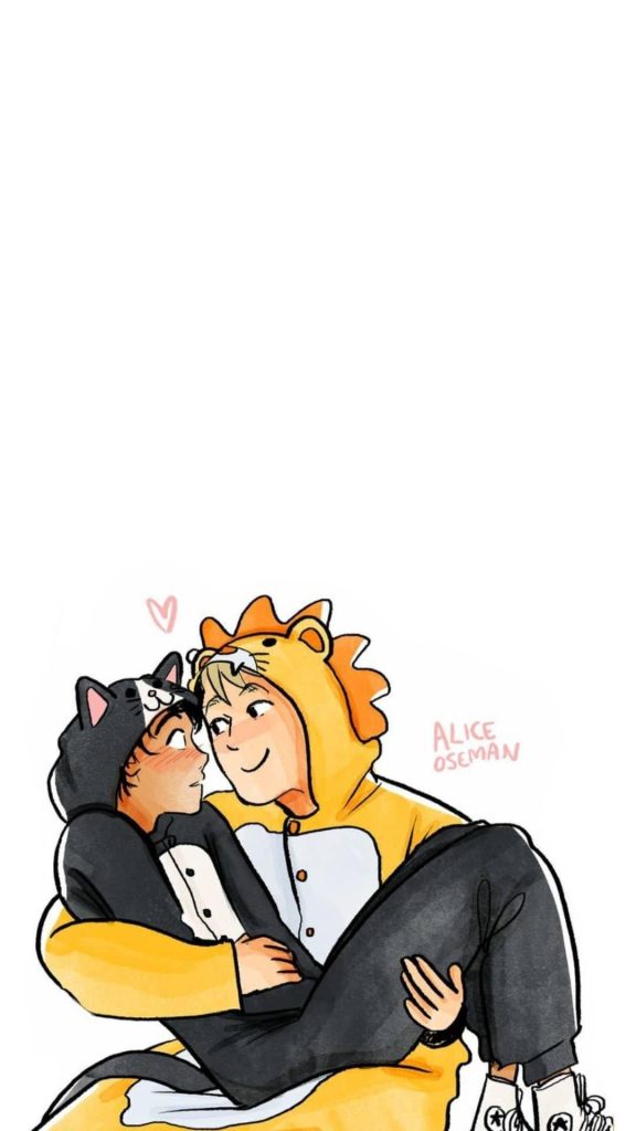 Heartstopper Nick in lion onesie hugging Charlie in black cat onesie cute wallpaper art