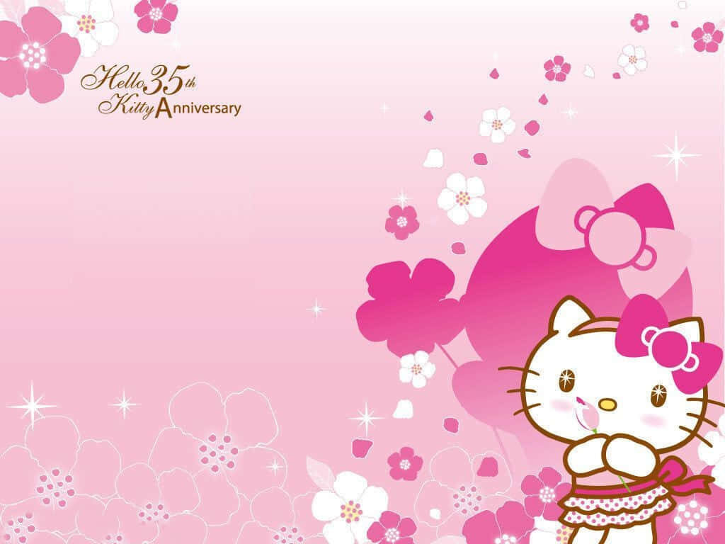 Hello Kitty 35th Anniversary Pink Wallpaper: Whimsical Floral Background