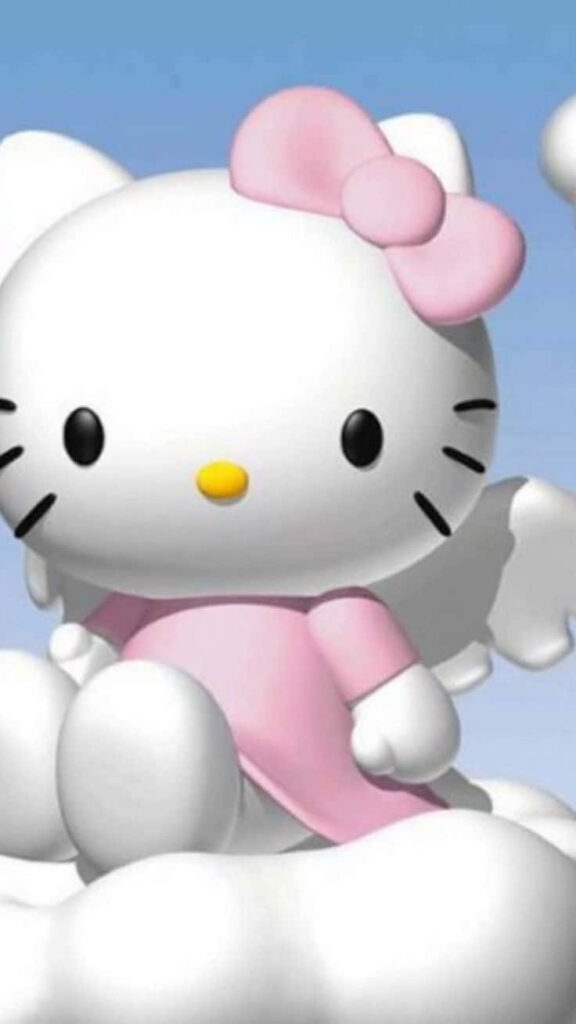 Adorable 3D Hello Kitty Wallpaper in Pink Among Fluffy Clouds