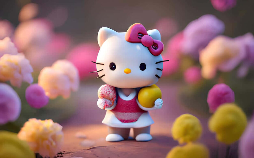 Vibrant 3D Hello Kitty Wallpaper with Flowers, Ice Cream & Joy