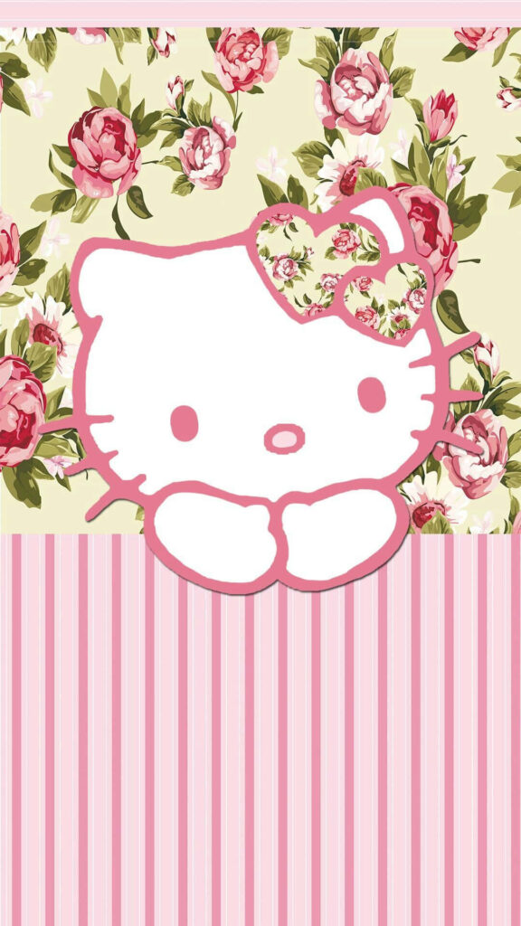 Cute Hello Kitty Floral Wallpaper with Roses & Stripes
