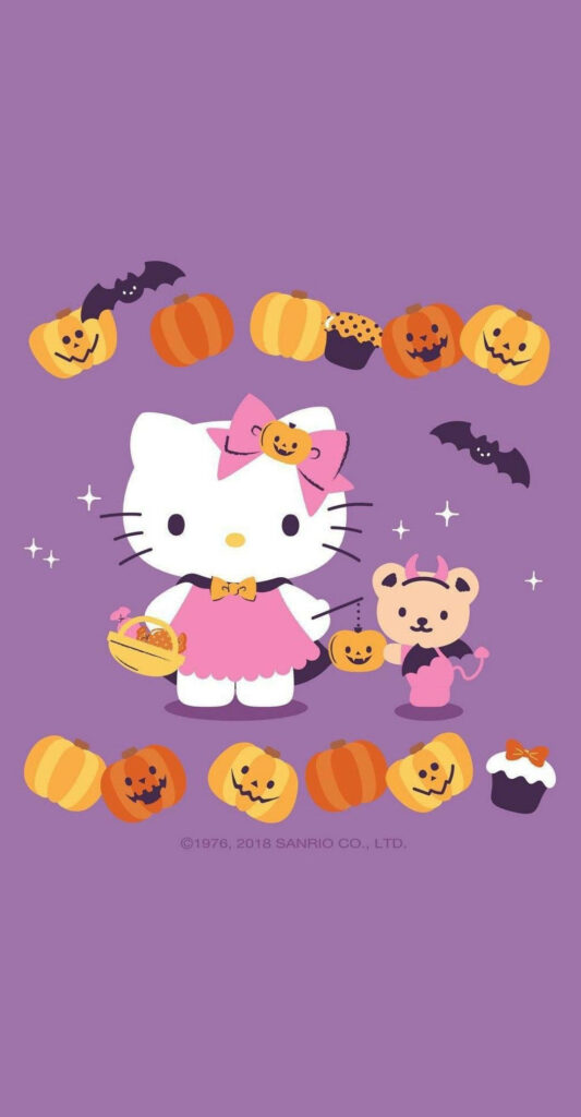 Hello Kitty & Bear in Halloween Fun - Cute Pink Wallpaper