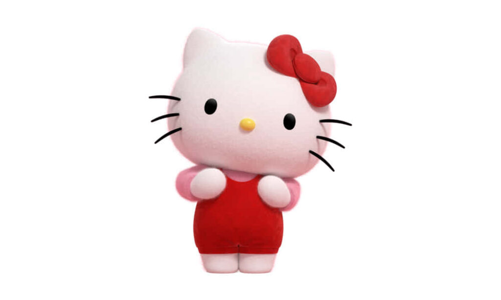 Hello Kitty Plush Toy with Red Bow & Overalls on White Background Wallpaper
