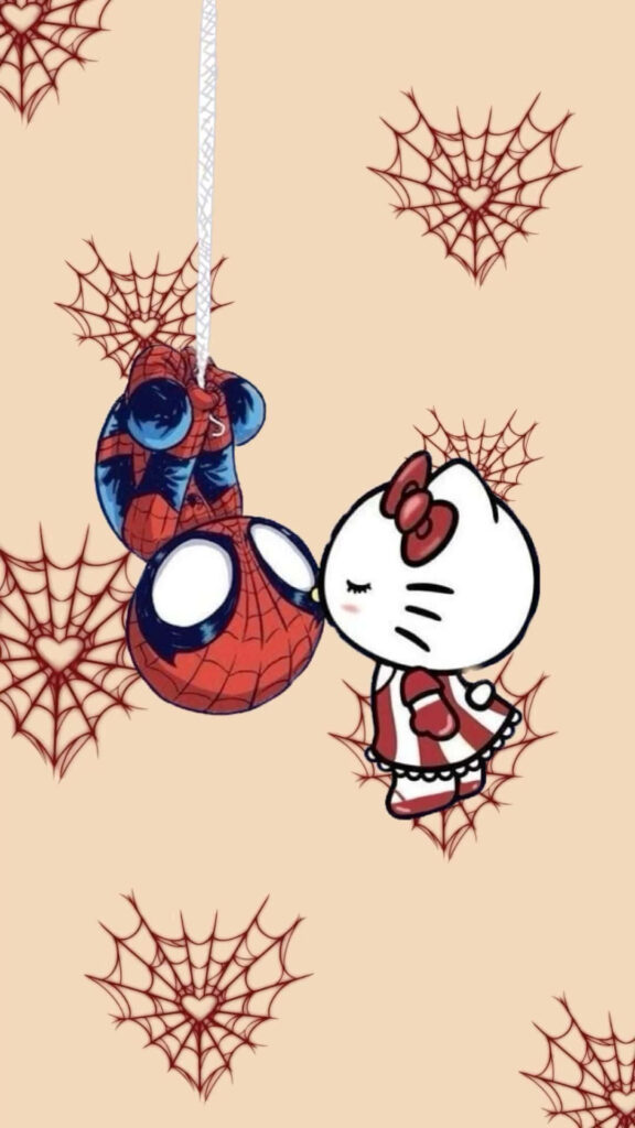 Hello Kitty Kisses Spider-Man: Adorable Crossover Wallpaper