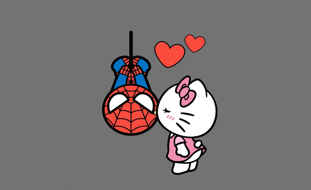 Hello Kitty & Spiderman: Cute Affection Wallpaper with Hearts