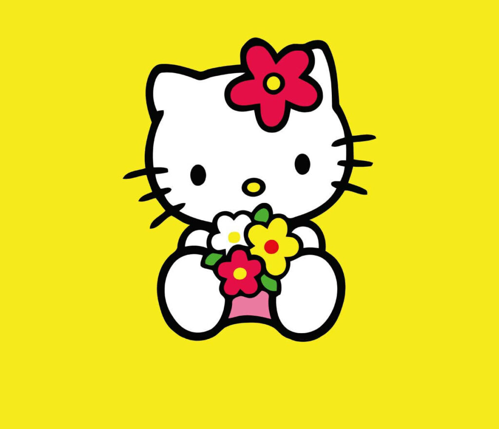 Adorable Hello Kitty Wallpaper with Colorful Flowers on Yellow Background