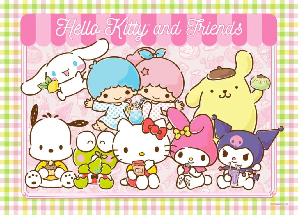 Cheerful Hello Kitty Wallpaper with Friends in a Fun Colorful Background