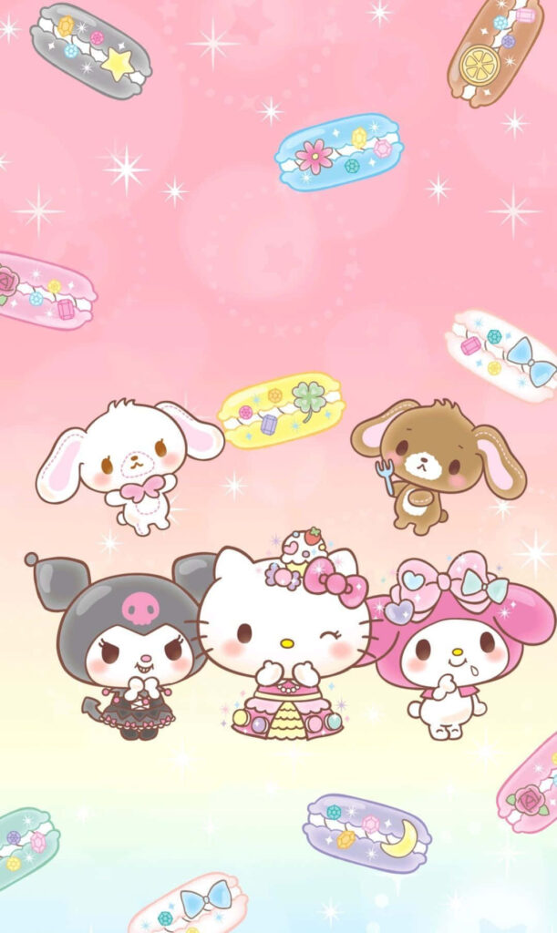 Adorable Hello Kitty Wallpaper: Fun Characters on Pastel Background