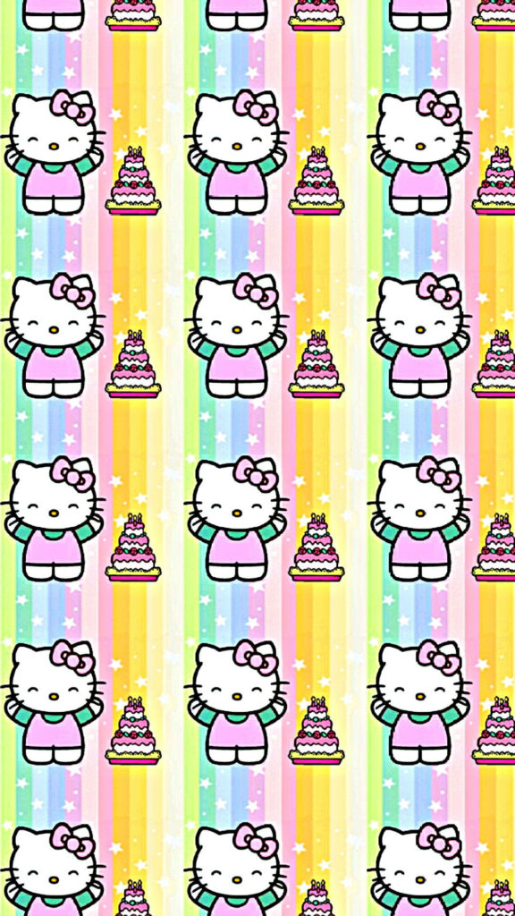 Adorable Hello Kitty Wallpaper with Pastel Stripes & Colorful Cakes