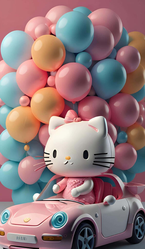 Hello Kitty in Pink Car with Festive Balloons - Cute Wallpaper Design