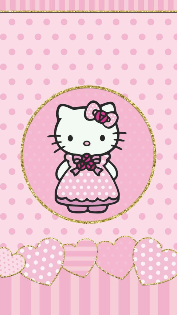 Charming Hello Kitty Wallpaper: Pink Polka Dots & Heart Borders