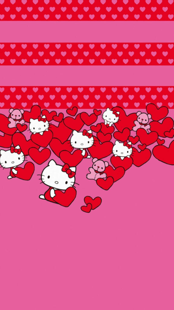 Whimsical Hello Kitty Wallpaper with Red Hearts on Pink Background