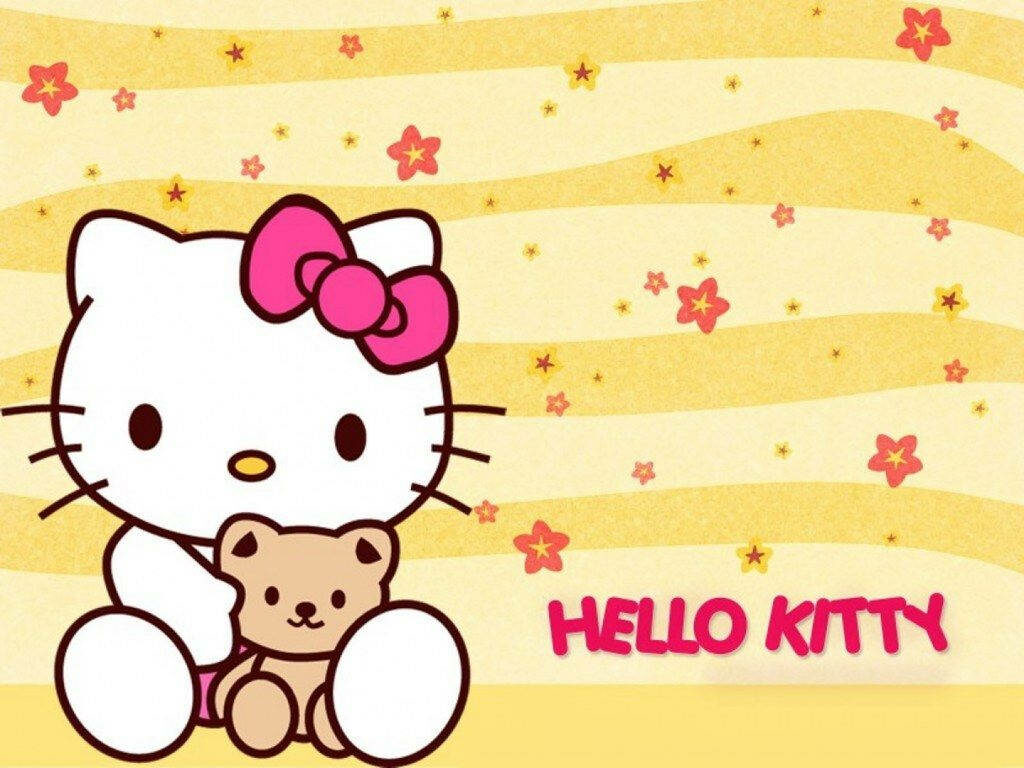 Hello Kitty & Teddy Bear Wallpaper with Cheerful Yellow Background