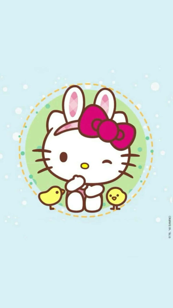 Hello Kitty Winking with Bunny Ears & Chicks - Cheerful Wallpaper