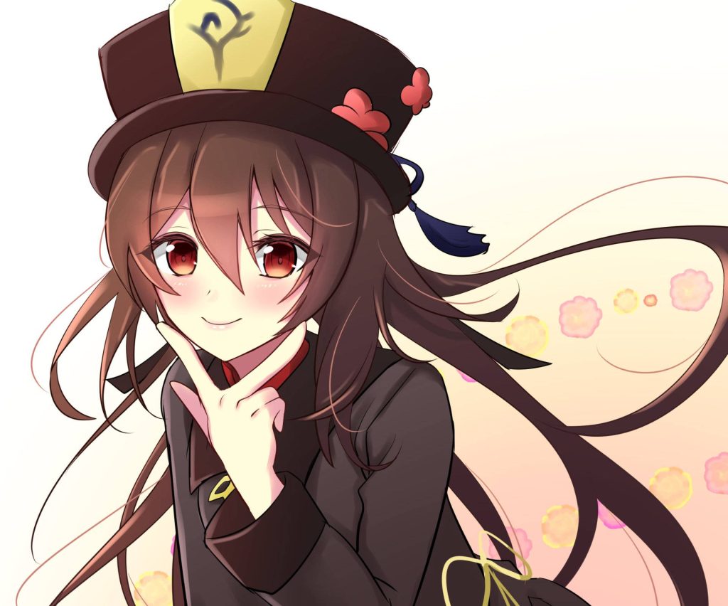 Genshin Impact Hu Tao wallpaper anime style playful pose warm soft lighting Pyro character