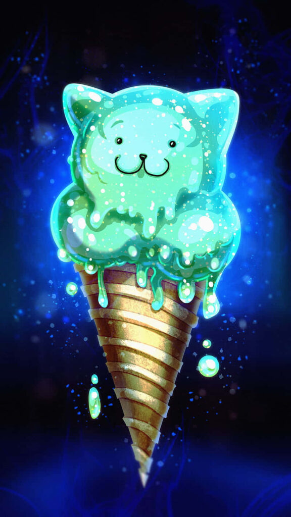 Adorable Cat Ice Cream Cone Wallpaper on Glowing Blue Background