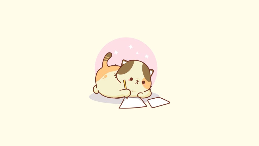 Chibi kawaii cat writing on paper pencil pastel pink cream background cozy study wallpaper