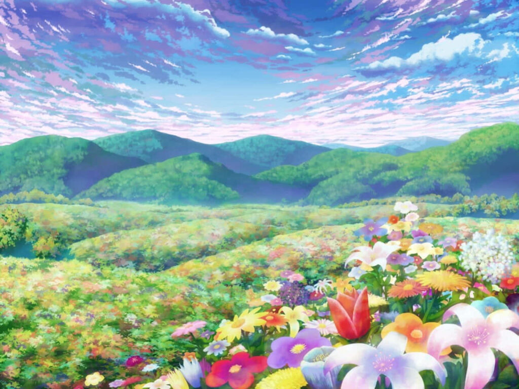 Charming Kawaii Wallpaper: Vibrant Flowers & Scenic Green Hills