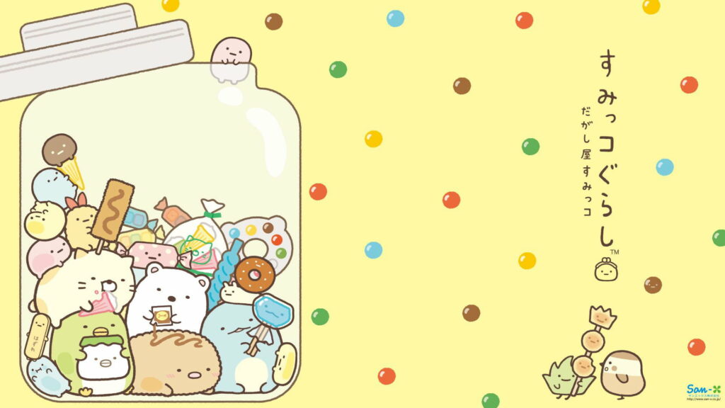 Sumikko Gurashi kawaii characters in candy jar colorful sweets soft yellow playful wallpaper