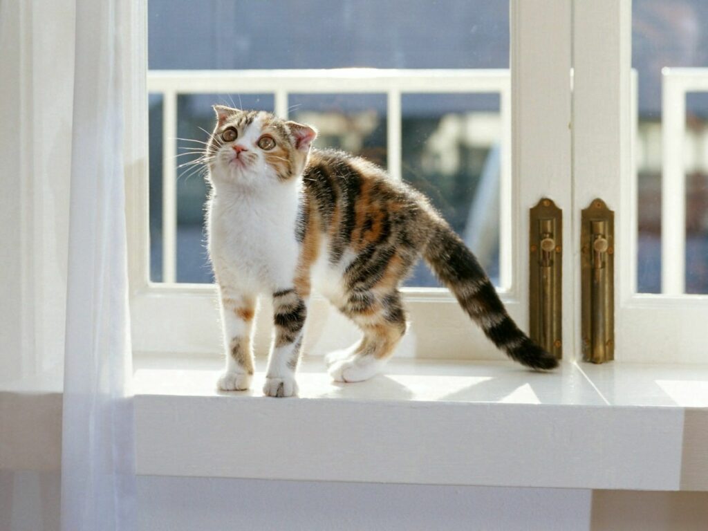 Adorable Kitten on Window Seat: Cozy Sunlit Wallpaper Background