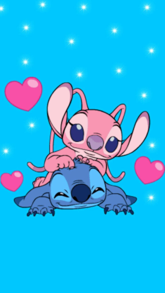 Playful Lilo & Stitch Wallpaper: Pink Hearts on Blue Background