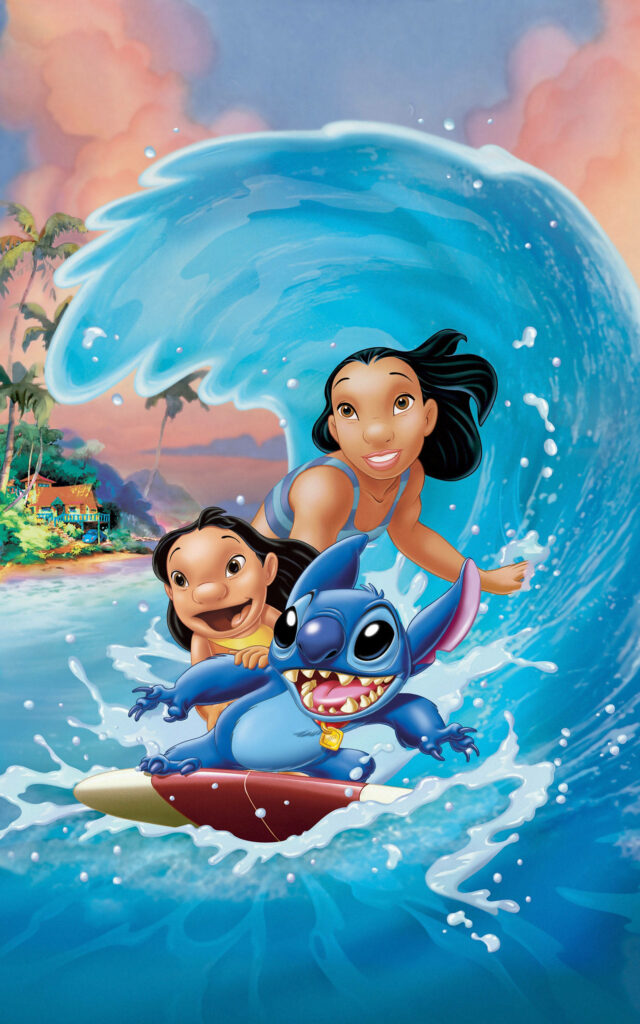 Vibrant Lilo and Stitch Surfing Wallpaper: Exciting 3D Character Art