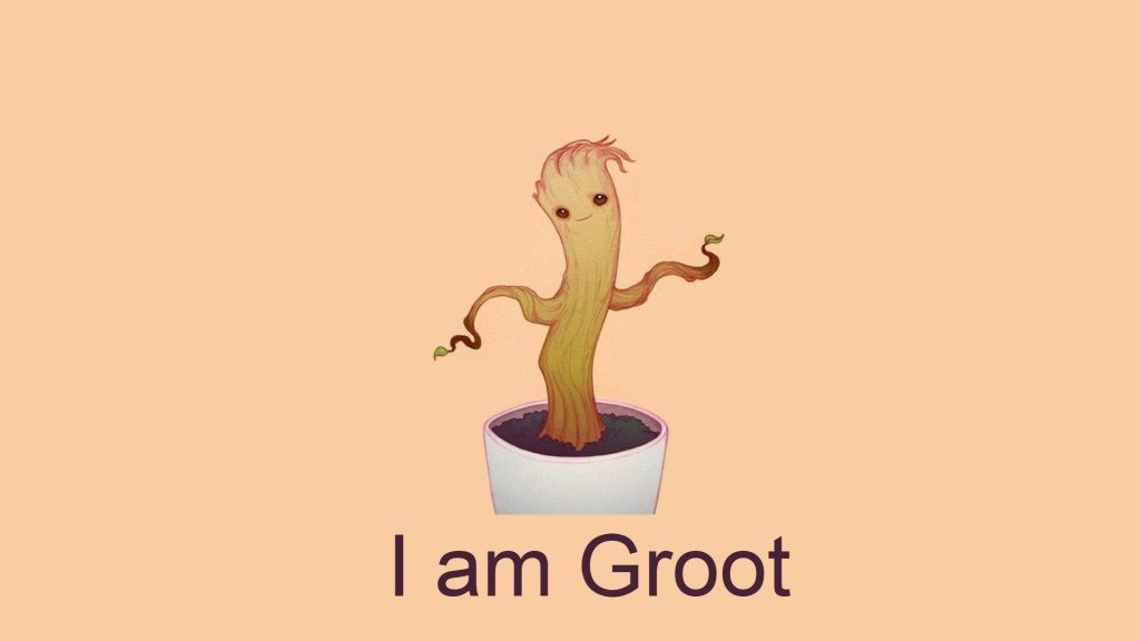 Minimalist Little Groot in pot wallpaper with I am Groot text on soft peach background