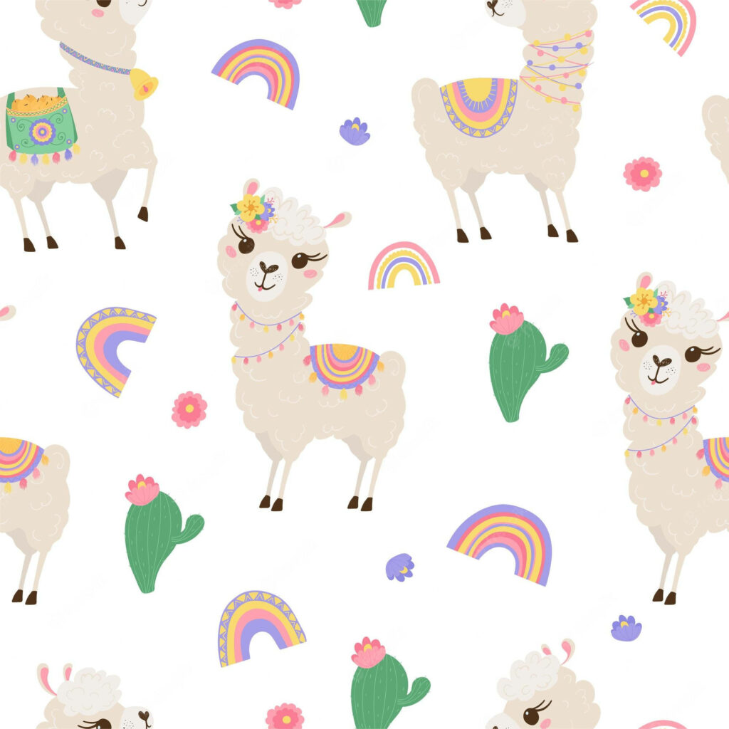Whimsical Cute Llama Wallpaper with Rainbows and Flowers