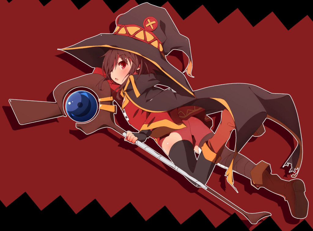 Charming Megumin: Vectorized Fan Edit in Monochrome, Casting Magical Aura Against Fiery Red Wallpaper