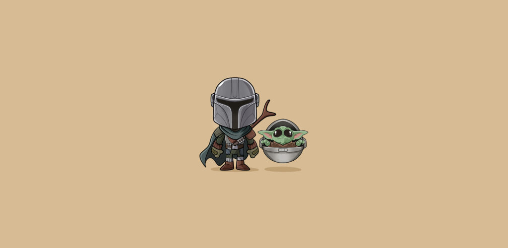 Minimalistic Mandalorian & Grogu Wallpaper: Cute Cartoon Design