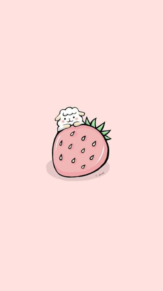 Adorable Minimalist Sheep Wallpaper with Pastel Strawberry Background