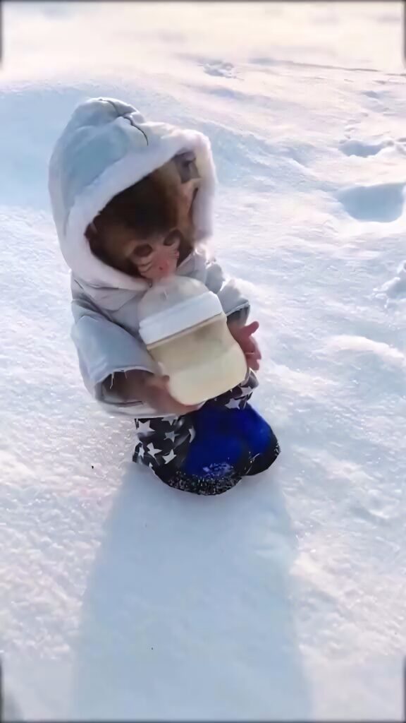 Adorable Winter Monkey Wallpaper: Cozy Hoodie in Snowy Background