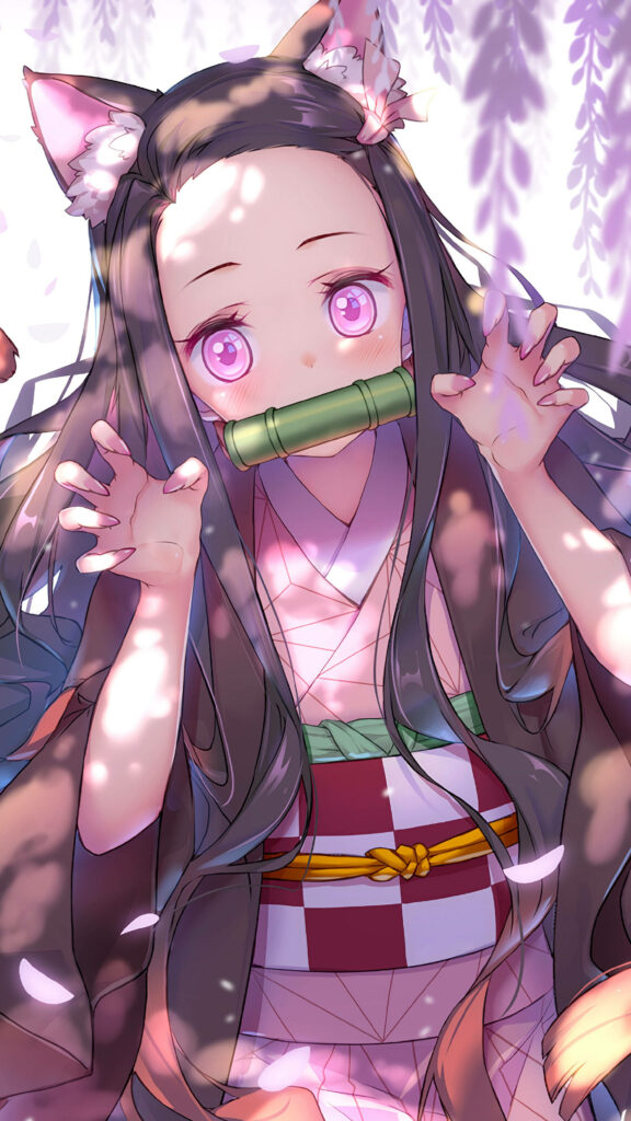 Adorable Nezuko Kamado Wallpaper with Cat Ears - Soft Purple & Pink