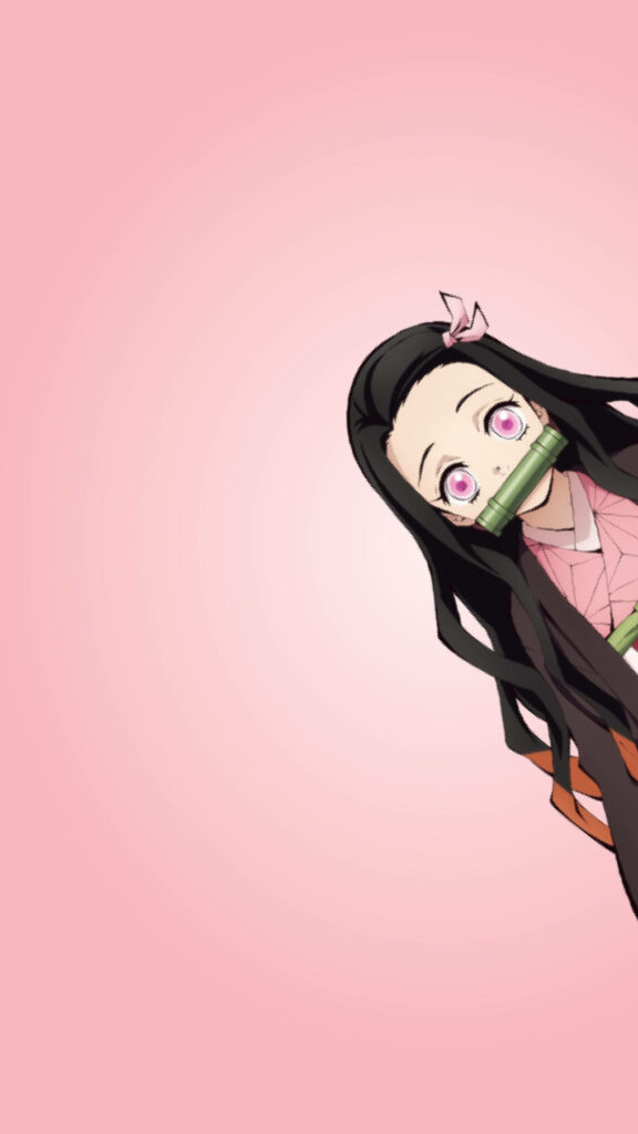Charming Nezuko Phone Wallpaper: Adorable Peeking Pose against Soft Pink Background