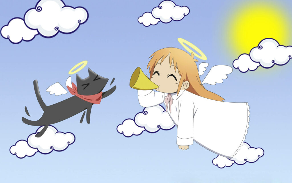 Adorable Hakase & Sakamoto Angels Wallpaper from *Nichijou*