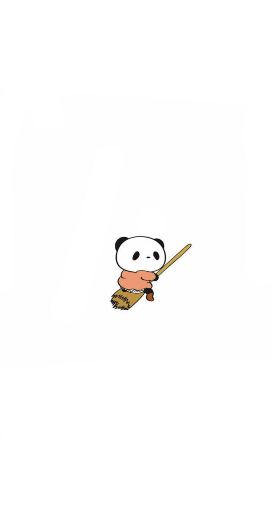 Adorable Panda Broomstick Minimalist Wallpaper - Whimsical Design