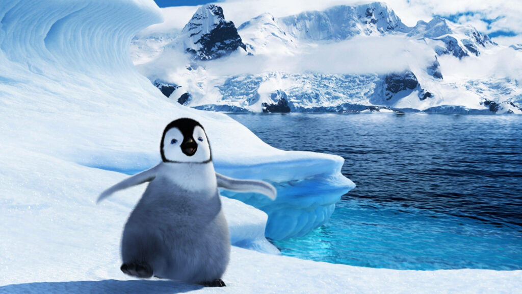Adorable Penguin Chick on Iceberg | Serene Antarctic Landscape Wallpaper