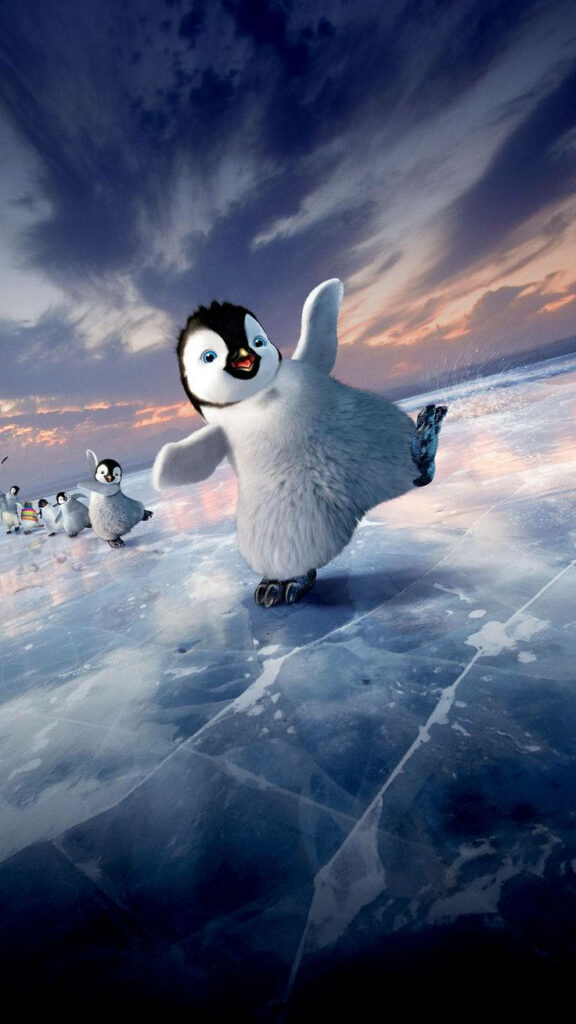 Charming Penguin Wallpaper: Joyful Skating on Sparkling Ice