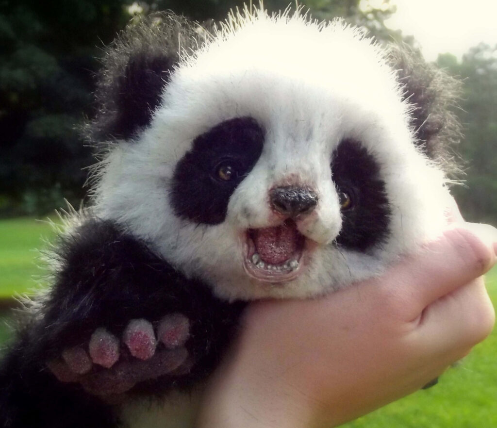Cute Plush Panda in Hands: Tender Joy in Lush Greenery Wallpaper