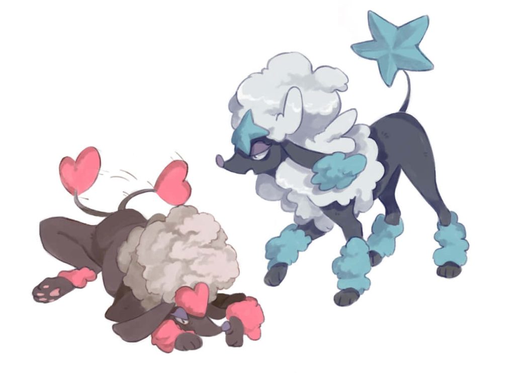 Adorable anime-style Pokémon Furfrou Heart Trim lying and Star Trim standing on white background Wallpaper