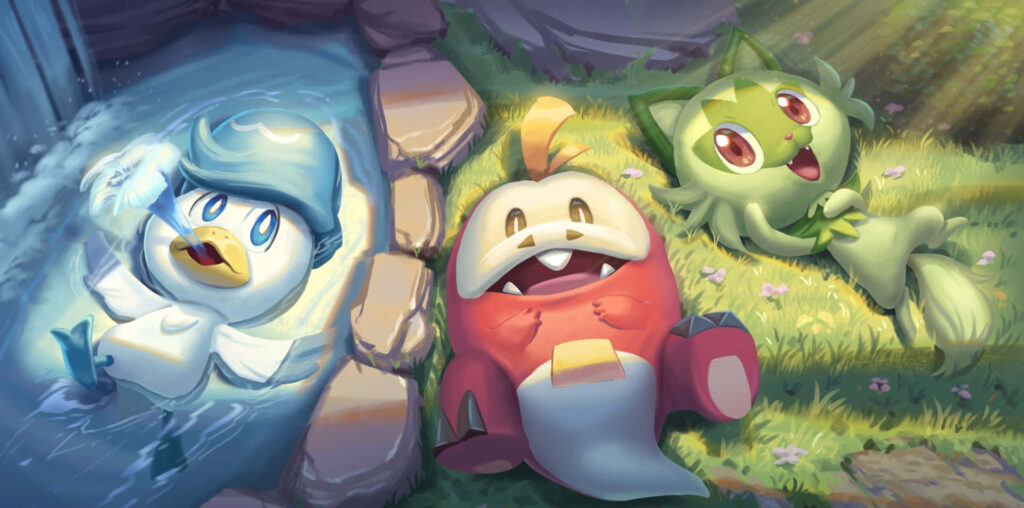 Tranquil Pokémon Wallpaper: Quaxly, Fuecoco & Sprigatito in Nature