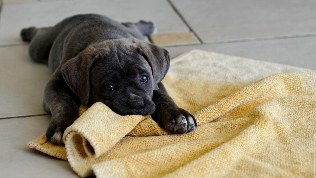 Playful Puppy with Fabric: Cozy Moment of Innocence Wallpaper