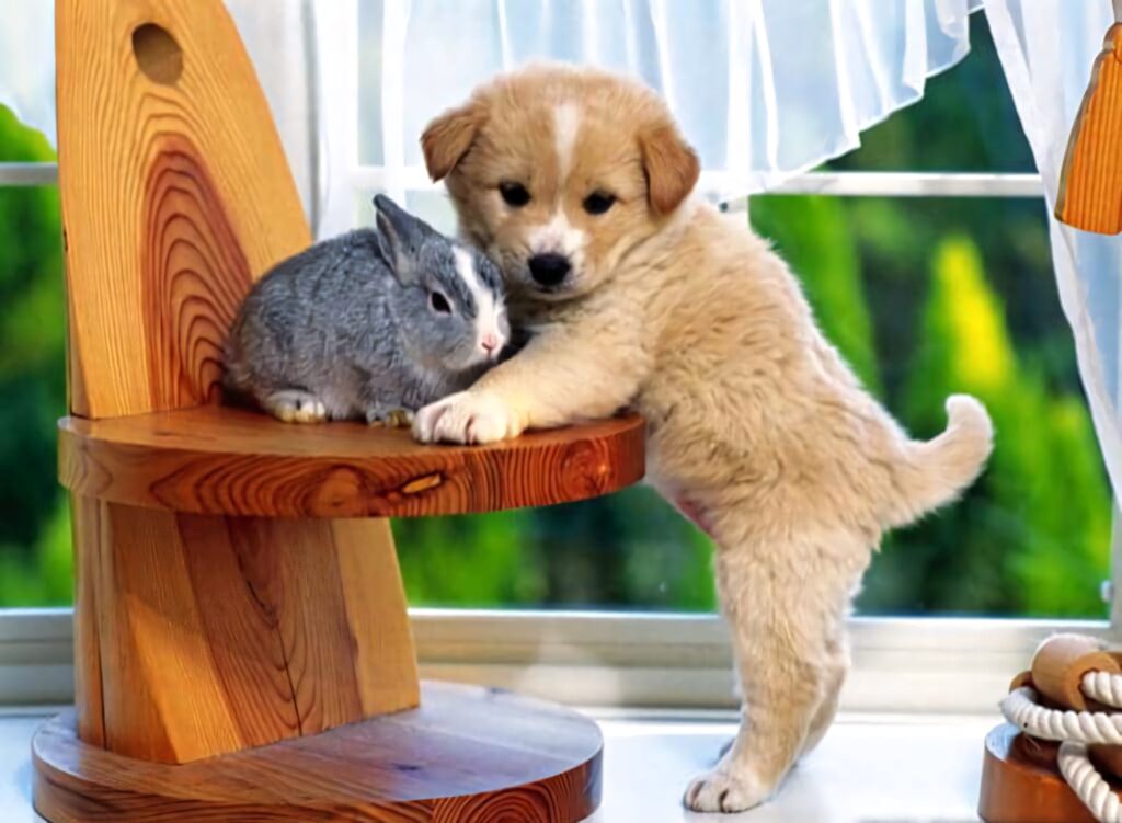 Adorable Puppy & Fluffy Rabbit Cozy Moment Wallpaper Background