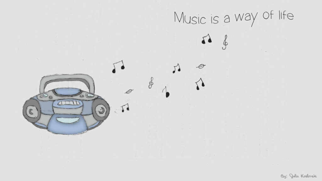 Charming Retro Radio Wallpaper with Musical Notes & Quote