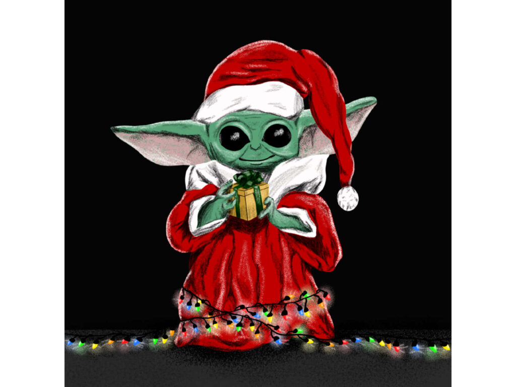 Festive Wallpaper: Adorable Green Character in Santa Outfit with Gift