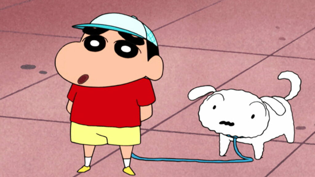 Shin-chan in red shirt and cap with white dog Shiro on blue leash vibrant anime wallpaper