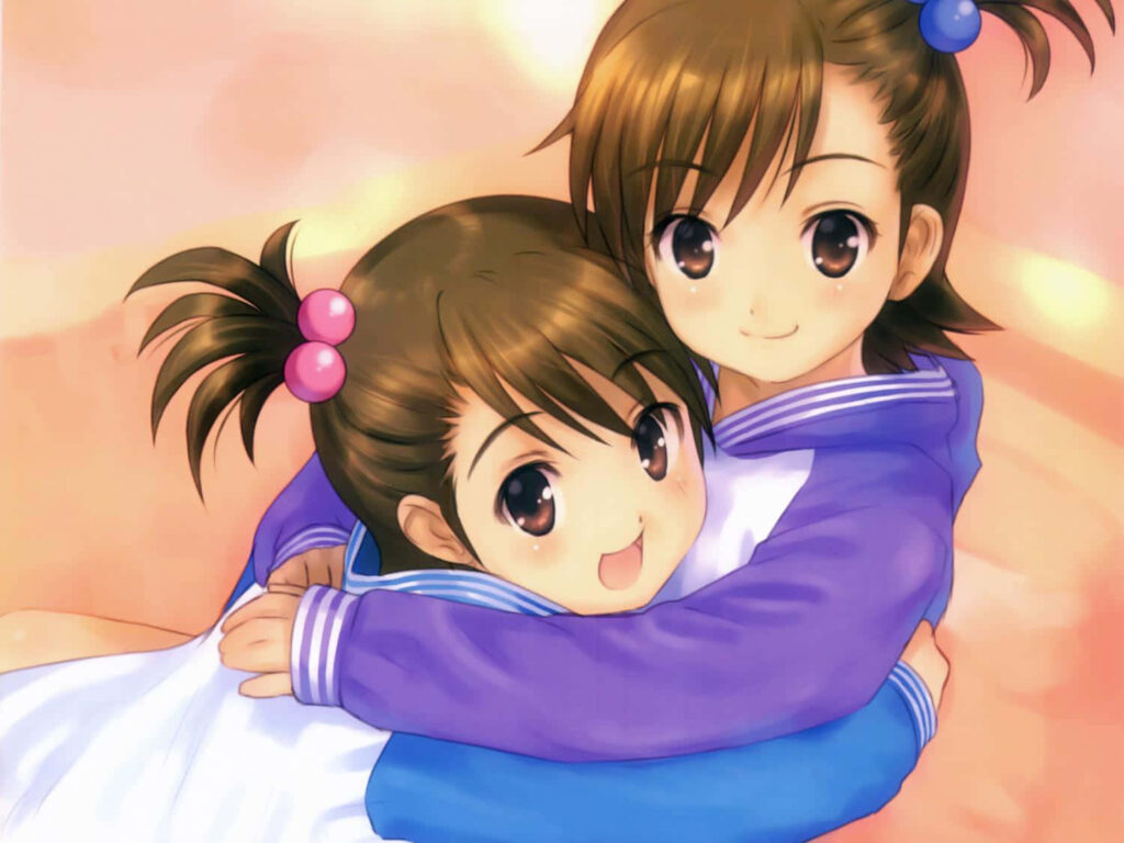 Heartwarming Anime Sisters Embrace - Cute Digital Artwork Wallpaper