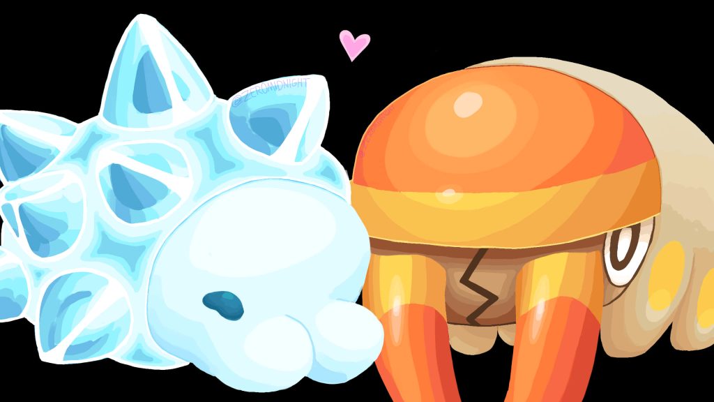 Cute digital art of Bug-type Pokémon Snom and Grubbin with pink heart on black background Wallpaper