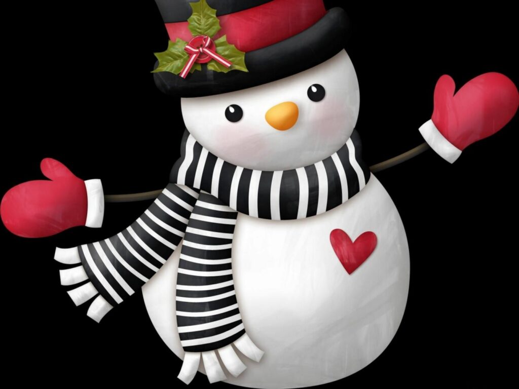 Festive Snowman Wallpaper: Cute Heart & Striped Scarf on Dark Background