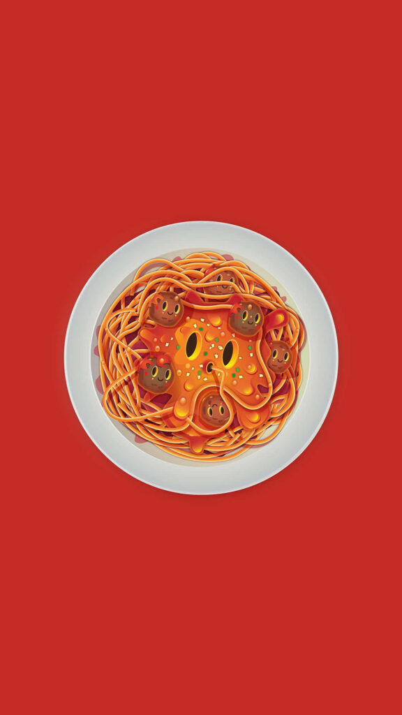 Adorable Spaghetti iPhone Wallpaper with Meatballs on Red Background